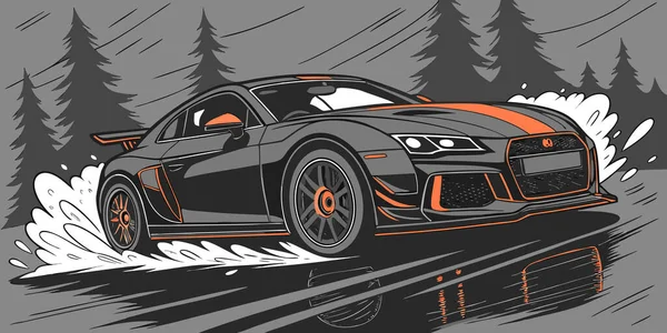 Turuncu aksanlı yüksek hızlı bir spor araba ıslak bir yolda koşar çam ağaçları ve rüzgar çizgileriyle çevriliyken sıçramalar ve yansımalar yaratır. Sinema ve heyecan verici görsel bir sahnede hareket gücü ve otomotiv tasarımı yakalar.