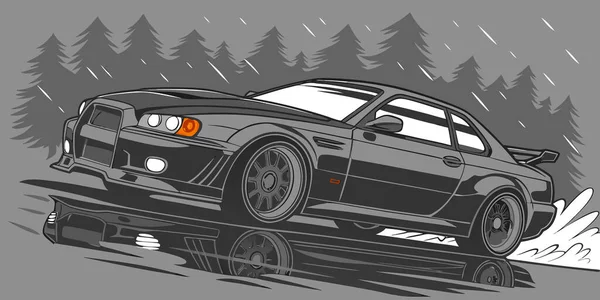 Yağmurlu bir orman yolunda hızla giden sinematik siyah spor araba çarpıcı yansımalar ve stilize hareketlerle detaylandırılmış.