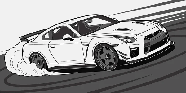 Siyah ve beyaz çizimler, lastik dumanı geniş gövde kiti ile yüksek hız hareketi ve motor sporu meraklıları ve otomotiv sanatseverleri için mükemmel bir stil olduğunu gösteriyor.