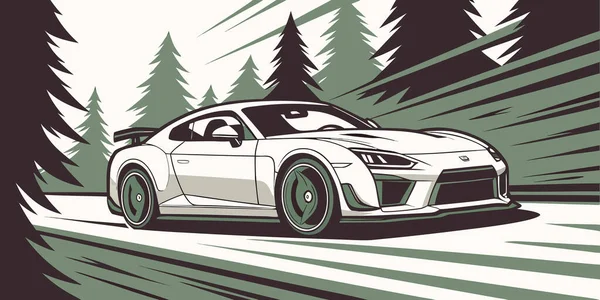 Parlak bir spor araba, dinamik hareket çizgileri ve stilize gölgeli bir yolda hızla ilerliyor. Sinema otomotiv illüstrasyonunda yüksek performans enerjisini ve manzaralı heyecanı yakalıyor.