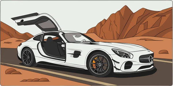 Çölde park halinde martı kapısı açık, parlak beyaz spor araba. Kayalık dağlar, yüksek performanslı tekerlekler ve turuncu fren kalibreleri lüks tasarım ve hız gösteriyor.
