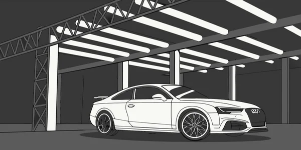 Mimari öğeler ve tasarım özellikleriyle sergi odasının altında park etmiş beyaz bir audi spor arabanın stilize edilmiş tek renkli çizimi.