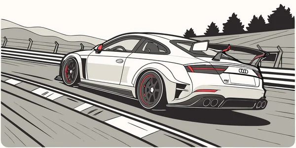 Audi bu spor araba illüstrasyonu yarış pistinde manzaralı tepeler ve engellerle dinamik bir arka görüş gösteriyor.