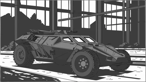 Endüstriyel kirişler ve dağınık döküntüler içeren ıssız bir depo ortamında yerleştirilmiş, engebeli lastikleri ve monte edilmiş silahları olan gelecekçi zırhlı bir savaş aracı.