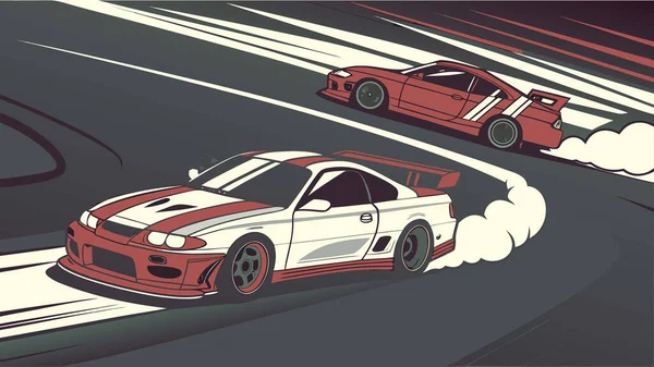 dinamik spor arabalar yarış pistinde lastik dumanı ve hız gösterici motor sporu aksiyon ve stili ile sürükleniyorlar.