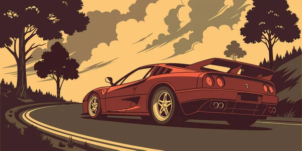 Kırmızı bir spor araba, sarmal manzaralı bir yol boyunca sürer. Ağaçlarla çevrili dramatik bir günbatımı gökyüzü altında klasik tonlarla ve aerodinamik tasarım elementleriyle.