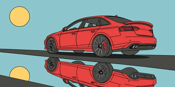 Bir kırmızı spor sedan parlak bir güneşin altında yansıtıcı bir yolda ilerliyor. Sinema simetrisi ve canlı detaylarıyla.