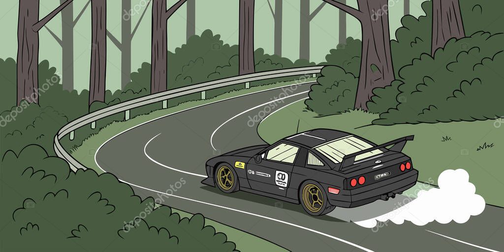 A black sports car drifting around a forest road with smoke, decals, golden rims, and high-speed action captured in a cinematic racing scene.