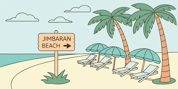 Discover a charming illustration of Jimbaran Beach, Bali. This hand-drawn artwork features tropical palm trees, relaxing lounge chairs under colorful umbrellas, and a welcoming sign for your perfect beach vacation destination. Enjoy the sunny, serene