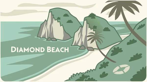 Discover this captivating vintage style travel poster for Diamond Beach. A beautiful retro illustration featuring sunny cliffs, lush palm trees, and a pristine sandy shore. Perfect for dreaming of your next scenic coastal getaway and relaxation.