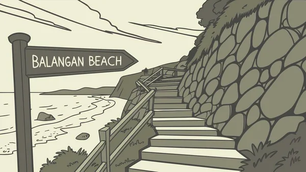 A stylized illustration shows the path to Balangan Beach Bali, featuring a directional sign and stone steps leading down to the beautiful ocean shore. Explore this popular destination.