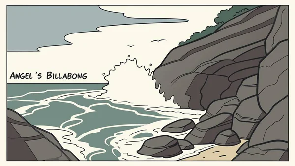 A vibrant cartoon style illustration of Angel's Billabong, showcasing its dramatic rocky cliffs, crashing waves, and a serene sky in a comic-book aesthetic.