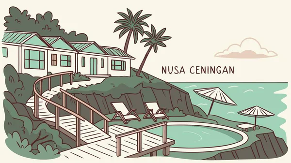 Hand-drawn illustration of Nusa Ceningan, Bali, featuring a tranquil cliffside resort with a swimming pool, lounge chairs, palm trees, and stunning ocean views.