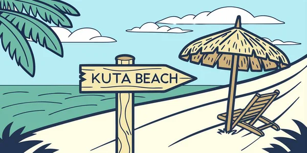 A colorful, cartoon-style illustration points the way to Kuta Beach, showing a palm tree, beach umbrella, and lounge chair for your tropical getaway. This sunny scene evokes a perfect beach vacation feel.