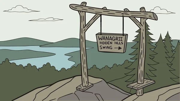 A charming hand-drawn illustration depicts a rustic wooden swing overlooking a serene lake and scenic hills, perfect for a peaceful outdoor escape.