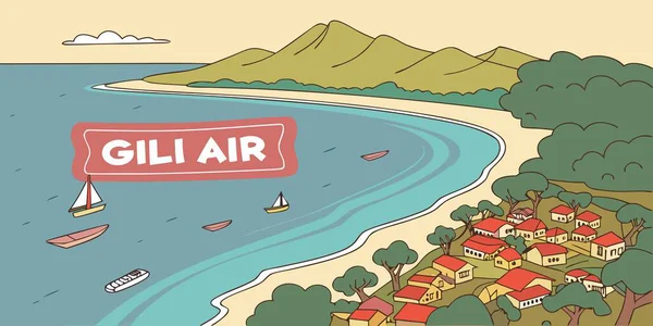 A vibrant, colorful illustration of a tropical island scene. Featuring a beautiful beach, charming village, and clear ocean views, this artwork captures a serene coastal paradise.