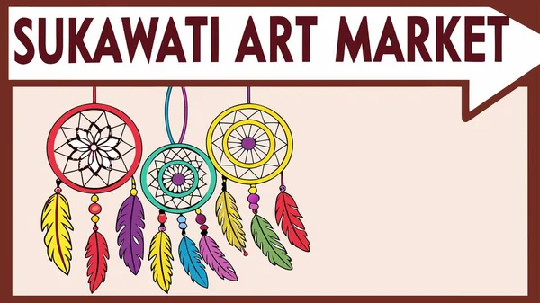 A vibrant illustration advertises the Sukawati Art Market in Bali. This colorful sign features a beautiful row of decorative dreamcatchers with bright feathers, promoting unique local crafts and shopping.
