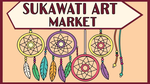 A vibrant, colorful sign for an art market in Bali, featuring a retro arrow shape adorned with dreamcatchers and feathers. This bright, cartoon-style illustration promotes a bohemian aesthetic for local shopping and unique crafts.