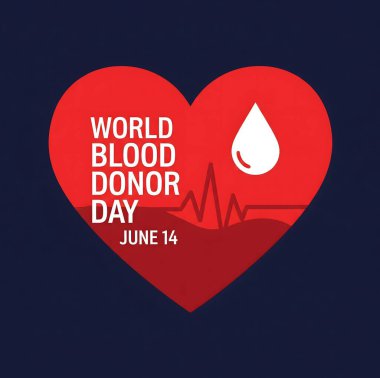 14 Haziran 'da Dünya Kan Bağışı Günü' nü tanıtan bir grafik. Kalp atışı ve kan damlası olan bir kalp. Kan bağışı ve dünya çapında hayat kurtarmak için özverili bağışçıların tanınmasının hayati öneminin altını çiziyor..