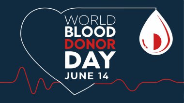 14 Haziran 'da Dünya Kan Bağışı Günü' nü kutlayın. Bu grafik, koyu mavi bir arkaplanda kalp, kan damlası ve kalp atışlarının yer aldığı hayati, hayat kurtaran kan bağışı hediyesini destekliyor. Kan vermek ve başkalarına yardım etmek için acil bir çağrı..