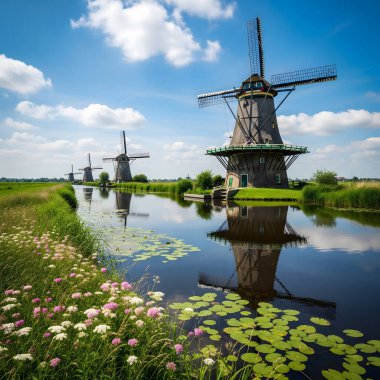 Hollanda kırsalının huzurlu güzelliğini ikonik yel değirmenleriyle, mavi gökyüzünü yansıtan sakin kanallarla ve canlı kır çiçekleriyle yaşayın. Bu manzara klasik Hollanda 'nın özünü yansıtıyor..