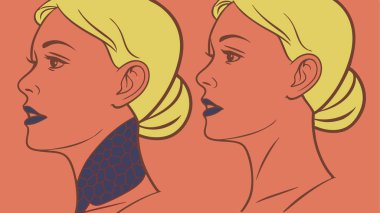 Vintage style illustrations depict two blonde women in profile, rendered with bold lines and a limited color palette. This stylized graphic art piece offers a retro aesthetic, reminiscent of mid-century design. Perfect for lovers of classic visual ar