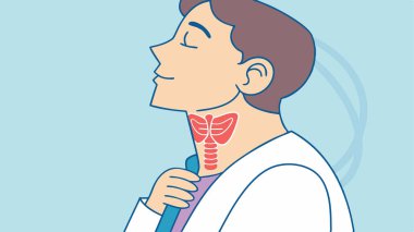 Bu illüstrasyon açıkça insan tiroid bezini gösteriyor, boynundaki yerini ve yapısını detaylandırıyor. Bu hayati endokrin organı ve sağlık ve tıp eğitimi için anatomik konumunu öğrenin.