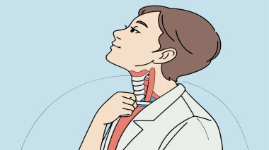 Bu açık tıbbi çizim insan boynu anatomisini tasvir ediyor. Bir insan boğazını inceliyor, nefes borusunu ve yakınındaki kasları vurguluyor. Sağlık araştırmaları, otopsi ve boğaz koşullarını anlamak için kullanışlı.