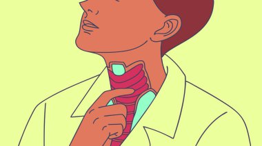 Minimalist bir retro-stil gösterimi, bir adamın boğazını tuttuğunu gösteriyor. Ağrıyı, rahatsızlığı ya da nefes almakta güçlük çektiğini gösteriyor. Sağlık sorununun yaygın bir belirtisi..