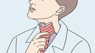 Boynuna dokunan bir adamın açık bir resmi boğaz ağrısı ya da başka bir rahatsızlığı işaret ediyor. Bu görüntü hastalık, soğuk algınlığı ya da grip belirtilerini temsil ediyor..