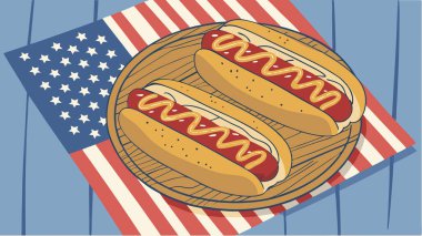 Klasik sosisli sandviçlerin Amerikan bayrağıyla stilize edilmiş bir tasviri. Ulusal bayramları ve yaz etkinliklerini kutlamak için mükemmel..