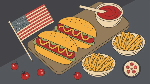 Klasik bir Amerikan piknik yemeği. Patates kızartması ketçap domatesleri ve vatansever Amerikan bayrağıyla birlikte soğan turşusu..