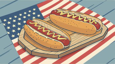 Canlı bir Amerikan bayrağına karşı mükemmel bir şekilde dizilmiş hardallı klasik sosisli sandviçi ahşap bir tahtanın üzerinde gösteren festival illüstrasyonu. Bu, 4 Temmuz gibi vatansever kutlamaları çağrıştıran bir yaz tatilinin özünü yansıtıyor. Tam benlik.