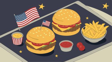 Klasik bir Amerikan lokantasının canlı bir izometrik çizimi. Lezzetli hamburgerler, kızarmış patatesler, çeşitli soslar, ve vatansever bir Amerikan bayrağı, hepsi mükemmel bir tepside servis ediliyor, mutfağı ve köyü kutlamak için mükemmel..