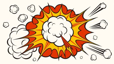 Canlı bir pop sanat patlaması illüstrasyonu, dinamik dumanlı, cesur hatları olan klasik bir çizgi roman tarzını sergiliyor, ve çarpıcı sarı bir yıldız patlaması merkezi. Bu retro grafik efekt herhangi bir yaratıcı projeye etkili bir görsel eklemek için mükemmeldir.