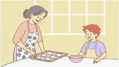 Mutfakta birlikte kurabiye pişiren bir büyükanne ve torunun yürek ısıtan bir sahnesi. Nesiller arası bağ kurdukları tatlı bir anı paylaşıyorlar ve lezzetli ikramlar yaratıyorlar..