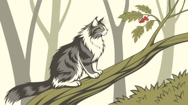 Görkemli uzun saçlı bir kedinin ayrıntılı bir çizimi stilize bir ağaca tünemiş, meraklı gözlerle onun canlı orman çevresini gözlemliyor. Bu sanatsal dijital resim dokuyu, rengi ve tuhaf hissi vurguluyor..