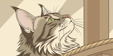 Güzel stilize edilmiş dijital sanat tasviri ilginç bir tekir kedinin çarpıcı yeşil gözlü, ilgiyle yukarı bakan hali. Kedinin düşünceli ifadesi dekoratif bir ip ve sıcak, davetkar bir ışık tarafından çerçevelenir..