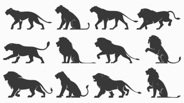 Siyah aslan siluetlerinin çarpıcı bir koleksiyonunu keşfedin. Bu çizimler, vahşi yaşam sanat ve tasarım projeleri için mükemmel kedi hareketleri ve zarif duruşları sergiliyor..