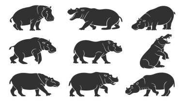 Çeşitli siyah suaygırı siluetlerini araştırın. Her bir çizim, yürümekten kükremeye kadar çeşitli pozlarda su aygırlarının güçlü formunu yakalar. Eğitim kaynakları ve yaratıcı projeler için harika.