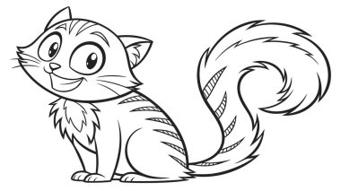 Sevimli bir çizgi film karakteri, boyama sayfaları ve çocuk aktiviteleri için mükemmel. Bu oyuncu siyah ve beyaz resimde, büyük gözlü ve tüylü yeleli neşeli bir kedi var. Renklerle hayata döndürülmeye hazır. Eğlenceli projeler için ideal.