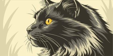 Büyüleyici bir sarı göz ve titizlikle detaylandırılmış siyah bir kedinin çarpıcı bir klasik tasviri. Bu retro grafik tasarım zarif kedinin tüylü dokusunu ve pürüzsüz profilini gösteriyor, hayvan severler için mükemmel..
