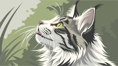 Profilde yukarı bakan zarif bir kedinin stilize edilmiş vektör çizimi. Bu modern sanat portresi cesur çizgiler, soluk renkler, dokulu kürkler ve çarpıcı sarı gözler içerir dramatik ve büyüleyici bir hayvan tasviri yaratır..