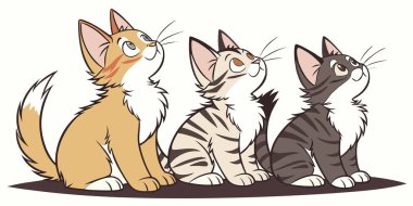 Bu büyüleyici resimde üç sevimli, stilize kedi yavrusu var. Her kedinin kendine has bir manto deseni vardır, ve hepsi yukarıya meraklı ve umut dolu ifadelerle bakar, keyifli ve iç açıcı bir sahne yaratırlar..