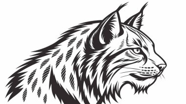 Göze çarpan siyah-beyaz bir vaşak kafası tasviri. Kabarık kulakları ve yoğun bakışları var. Bu grafik, hayvanın vahşi ve asil doğasını vurguluyor, kalın çizgiler ve dokuya odaklanıyor..