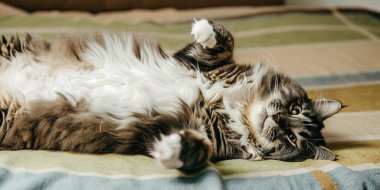 Şirin, tüylü, uzun saçlı bir tekir kedi patileri havada şakacı bir şekilde sırt üstü uzanıyor, rahat ve hoşnut görünüyor. Bu sevimli kedi, güzel kürkünü ve mutlu havasını sergileyerek huzurlu bir anın tadını çıkarıyor. Evcil hayvan rahatlığının mükemmel bir görüntüsü