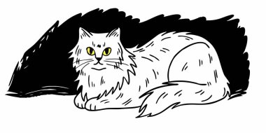 Kabarık, sarı gözlü beyaz bir kedinin el çizimi bir tasviri. Bu büyüleyici stilize kedi portresi koyu siyah aksanları ve soyut bir arkaplana karşı dokulu, yarım yamalak bir estetiği içeriyor. Meraklı ve çarpıcı bir g