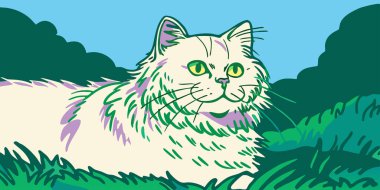Lavanta renkli parlak yeşil gözleri olan, açık mavi bir gökyüzünün altında yeşil çimlerde dinlenen tüylü beyaz bir kedinin büyüleyici, çizgi film tarzı bir çizimi. Bu renkli dijital sanat eseri açık havada huzurlu bir sahne tasvir ediyor..