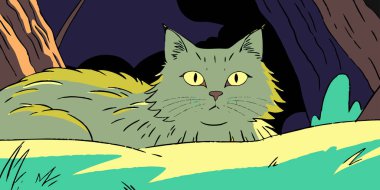 Büyüleyici bir illüstrasyonda canlı ve kaprisli bir orman sahnesinde huzur içinde dinlenen sarı gözlü bir çizgi film kedisi var..