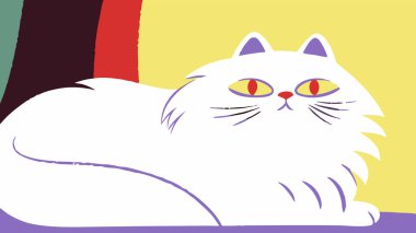 Mor aksanlı ve anlamlı gözlü tüylü beyaz bir kedinin canlı düz dizayn çizimi. Bu modern, kaprisli kedi portresi renkli çizgili bir arka plan içeriyor. Hayvanlar için mükemmel ve eğlenceli bir sanat eseri yaratıyor..